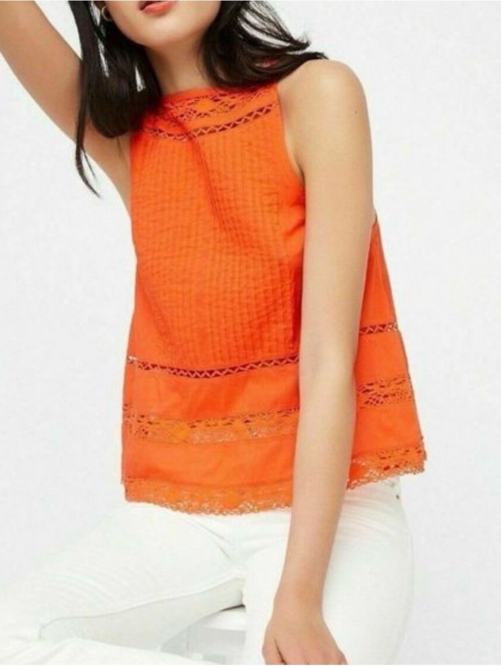 Free People Bright Orange Lace-Trim Sleeveless Cami